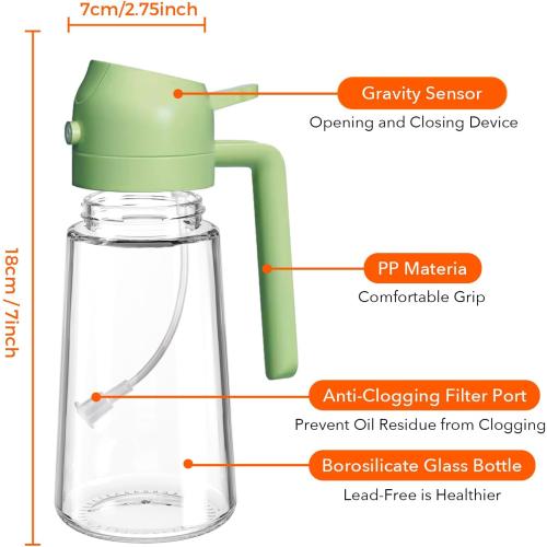 YRRAMATE 16oz/470ml Glass Olive Oil Sprayer for Cooking with Stickers, 2 in 1 Oil Dispenser for Kitchen Gadgets, Food Grade Premium Spray Bottle with Portion Control for Salad, Frying, BBQ (Green)