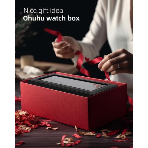 Ohuhu Watch Cases for Men Watch Box 6-Slot PU Leather Real Glass Lid Jewelry Organizer Storage Soft Velvet Watch Holder Display Case for Women Birthday Fathers Day Valentine's Day Gifts