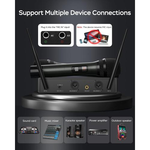 Wireless Microphones,Metal Dual Professional UHF Cordless Dynamic Wireless Microphone System for Church, DJ, Karaoke,Wedding, Home KTV Set,260Ft