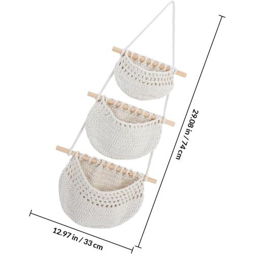 Convenient Fruit Basket Hanging Storage Basket Made of Cotton Rope and Wood with Practical Design and Fresh-keeping Feature for Living Room and Dining Room