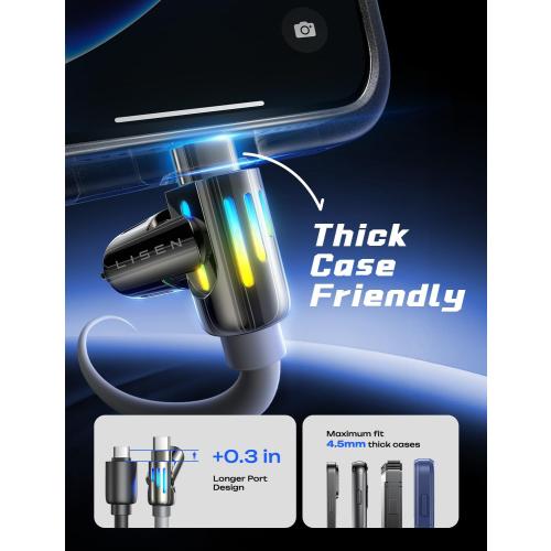 2 pk LISEN USB C to Lightning Cable, Chubby 240W 4 in 1 Charging Cable 6.6FT, USB A/C to C/Lightning with Light for iPhone 17 16 15 14 Pro Max/MacBook/iPad/Samsung S25/Switch/PS5,Camera & Photo Cables