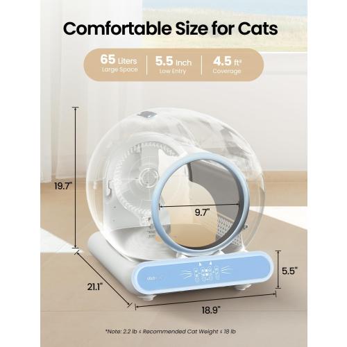 Self Cleaning Litter Box, Integrated Safety Automatic Cat Litter Box Self Cleaning 65L 9L for Multiple Cats, App Control, Odor Removal, Includes Mat & Liner (3 Rolls) - Blue