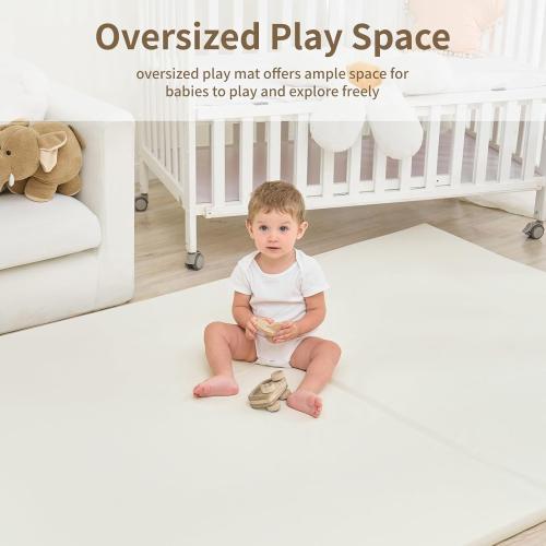 Large Vegan Leather Baby Play Mat for Floor,1.3Thick Foam 59x82 Foldable Waterproof Kids Play Mat,Stylish and Just Wipe-Clean Playmat for Baby Play on Floor (Beige)