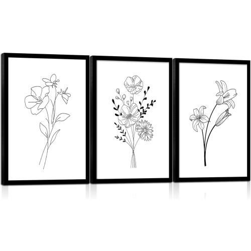 Framed canvas black and white floral wall art three-piece set, decorative painting, simple plant poster, line drawing, flower print, painting decoration suitable for living room and bedroom 16x24 inches.