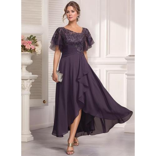 Size 18W Color Brown Mother of The Bride Dresses for Wedding with Sleeve Lace Appliques Chiffon Formal Gowns with Slit