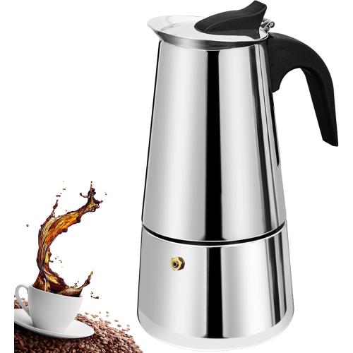 4 Cup Stovetop Espresso Maker Stainless Steel Moka Pot Stove Top Percolator Italian Coffee Makers Capable Mocha Greca Machine Cafe Classic Induction Cookers for Home and Camping 200ml 6.6oz