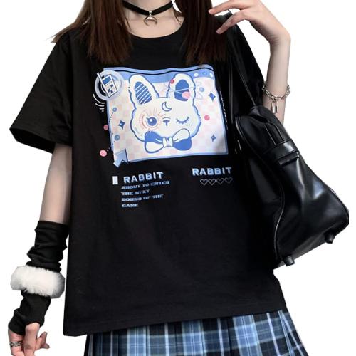 Size 3XL Color Black Japanese Harajuku Pastel Goth Cute Aesthetic Casual Cotton Crewneck Kawaii Cartoon Bunny T-Shirt