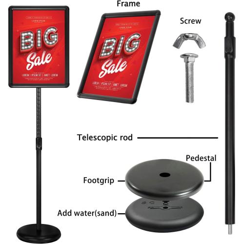 Black 8.5x11 Heavy Duty Floor Sign Stand Adjustable Pedestal Sign Holder Stand, Poster Stand Aluminum Snap Open Frame for 8.5X11 Inches with Heavy Round Base, Both Vertical and Horizontal Sign Displayed