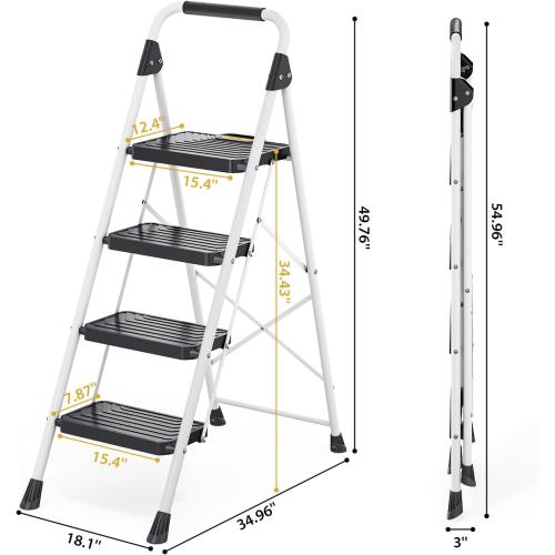 KINGRACK Sturdy Steel 4 Step Ladder, Folding Step Stool with Handrail, Anti-Slip Wide Pedals, Safe-Lock Design, Pass 800lbs Load Testing, Portable Ladder for Multi-Purpose in Home, Kitchen, White