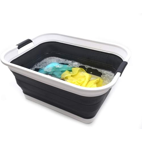 SAMMART 42L(11 gallon) Set of 2 Collapsible Plastic Laundry Basket-Foldable Pop Up Storage Container-Portable Washing Tub-Space Saving,Water capacity 34L(9 gallon) (2 rectangular - strengthen, black)
