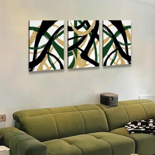3Pcs Framed work Abstract Lines Canvas Wall Art Modern Black, Green, Gold Geometric Brushwork Prints Posters Abstract Line Images Framed gallery packaging artwork for living room prints, bedroom, office, and home decor 12X16Inch