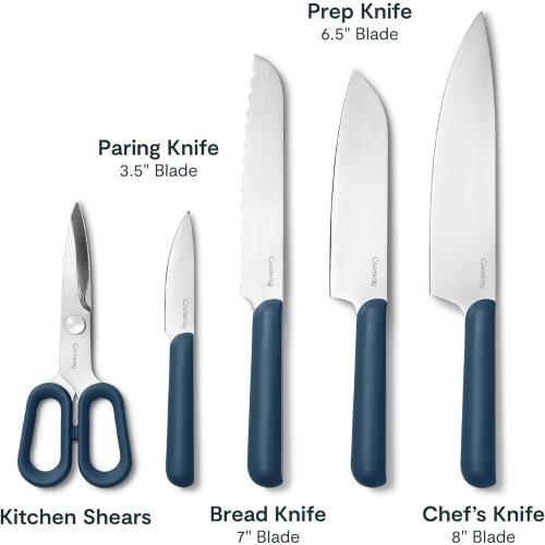 Caraway 5 Piece Knife Set - Premium German Steel Blade Kitchen Knives - Ergonomic Handles - No Microplastics - Navy