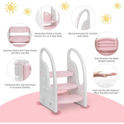 Toddler Step Stool Chair Onasti Kids 3 Step Standing Tower for Toddlers Plastic Learning Helper Stool for Kitchen Counter Bathroom Sink Toilet Potty Training with Handles and Non-Slip Pads-Pink White