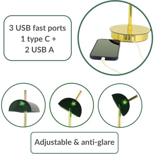 Bankers Modern Desk Lamp, Elevate Your Space with 3-Port Fast Charging Station (A  C USB Ports), Emerald Acrylic Lampshade, Satin Brass Finish. Old Classic with Modern-Inspired Design