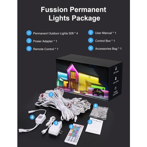 Fussion 200ft Permanent Outdoor Lights for House, 2025 Smart RGB LED Outside Lights with APP Remote Control, IP67 Waterproof Eternity Eaves Lighting for Christmas, Halloween, Holiday, Party, Daily