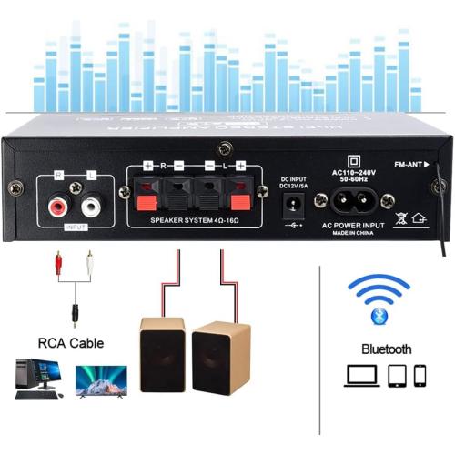 AK35 200W Stereo Audio Amplifier Bluetooth 5.0, 2.0 Channel Mini Amplifier Stereo Receivers with Bass & Treble Control,Home Amplifier w/AUX, USB, SD Card Input,Remote Control