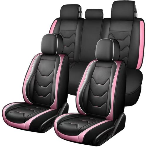 otoez Car Seat Covers Full Set, 5 Seat Pink Leather Seat Cover for Car, Waterproof Automotive Front and Back Seat Protectors for Most Sedens Trucks SUVs, Black & tan with pillows