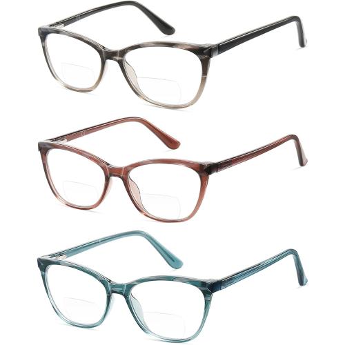 Bifocal Reading Glasses Women Cat Eye Blue Light Blocking Computer Reader Clear Top No Line Transition Ladies Eyewear
