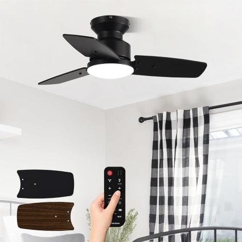 30 Inch Ceiling Fans with Lights and Remote, Bedroom Living Room Office, Flush Mount, 3CCT Dimmable, Dual Color 3 Blades 6 Speed Reversible Quiet DC Motor, Black/Wood Grain