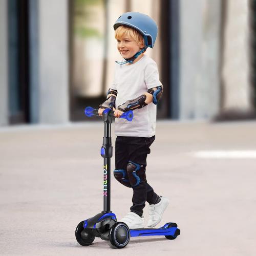 Blue and Black TONBUX Kids Scooter for Age 3-12, Toddler Scooter with 4 Adjustable Heights, Light Up 3-Wheels Scooter, Shock Absorption Design, Lean to Steer, Balance Training Scooter for Kids