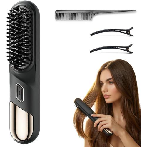 2026 New Go Brush, Portable Hair Straightener Brush for Short Hair, Fast Heating Cordless Straightening Hair Comb for Travel, Mini Hair Brushs for Home Use (Black)