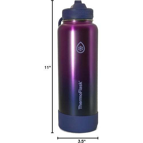 ThermoFlask 40 oz Bottle with Spout and Straw Lid - Stainless Steel, Double-Wall Insulation & BPA-Free - Leakproof, Resuable - Forest Green/Purple Sunset (2 Pack)