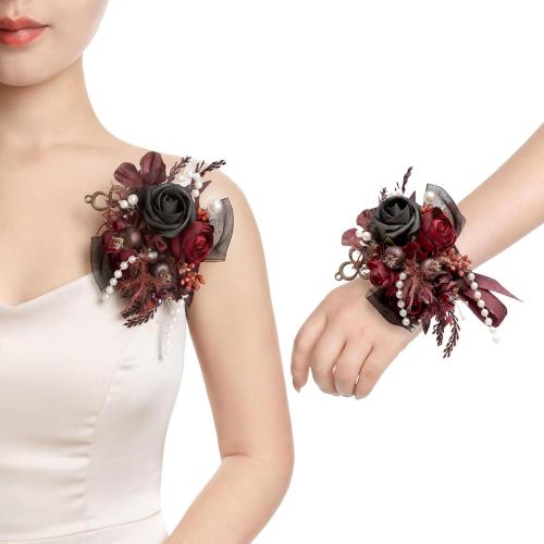 Ling's moment 2pcs Prom Wrist/Shoulder Corsage Artificial Flower, Girl/Mother Homecoming/Wedding Corsage Wristlet Décor, etc. Black Gothic Burgundy