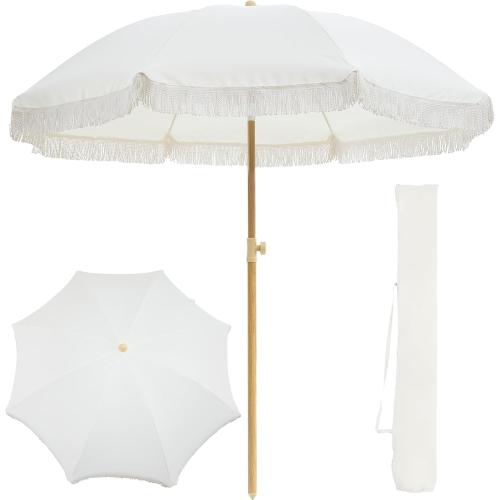 7FT Boho Patio Umberlla with Fringe,UPF50  Outdoor Umbrella with Fiberglass Ribs and Push Button Tilt,Tassels Umbrella for Beach,Terrace,Picnic