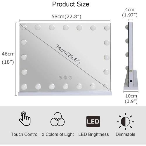 Hollywood Vanity Mirror with Lights, Tabletop Makeup Mirror with 20 Dimmable LED Bulbs, 3 Color Lighting Modes, Vanity Mirror for Bedroom, Touch Control, Tabletop or Wall-Mounted, White
