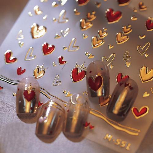 5D Embossed Heart Nail Stickers for Art - Gold Red Self-Adhesive Valentine's Day Decals - Golden Design for Women - Nail Supplies Decorations Accessories