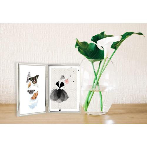 4x6'' Hinged Double Simply Silver Metal Picture Frame, Elegant Silver Plated Metal Photo Frames 4 x 6'' With Soft Touch Velvet Backing for Desktop