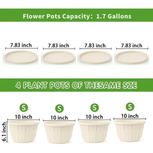 Quarut 10 inch Plastic Flower Pots for Indoor Plants,4 Pack Large Outdoor Planter Pot with Drainage Holes & Saucers,Imitation Wine Barrel Design,for Indoor Outdoor Garden Plants(White)