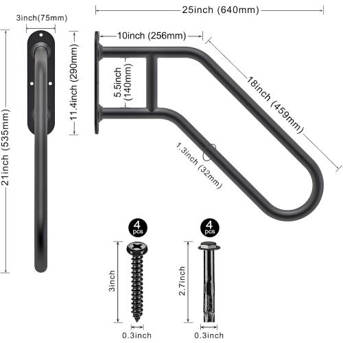 SELEWARE Heavy Duty Non-Slip Handrails for Outdoor 1-3 Step, Wall Mount Stair Hand Railing Grab Bars, U-Shape Safety Handle for Garage, Porch, Garden (Dia 1.3 Pipe, Black)