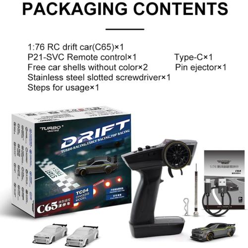 Turbo Racing 1:76 Scale Drift RC Car with Gyro Mini Full Proportional RTR 2.4GHZ Remote Control with 2 Replaceable Body Shell (C65-GREY)