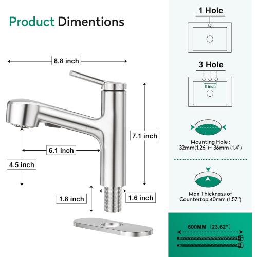 Silver CREA Pull Out Bathroom Faucet Single Hole 1 Handle Utility Sink Faucet with Sprayer Handheld Laundry Room Bath Tub Faucet for Kids Pet Vanity Face Basin Mixer Tap Brushed Nickel Stianless Steel
