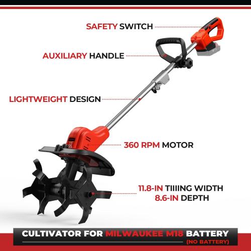 Cordless Tiller Cultivator for Milwaukee M18 Battery, 360RPM Electric Tiller for Gardening, 11.8in Tilling Width ＆ 8.6in Depth, Battery Powered Tiller for Lawn/Soil Cultivation ‼️Battery Not Included chips & scratches on blade lightly used‼️