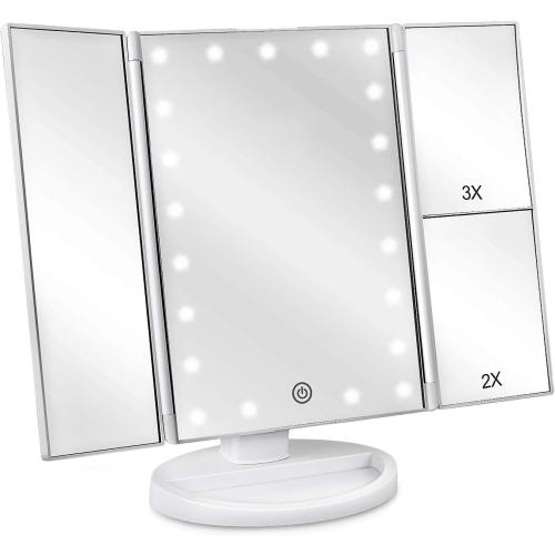 deweisn Floor Mount Tri-Fold Lighted Vanity Mirror with 21 LED Lights, Touch Screen and 3X/2X/1X Magnification, Two Power Supply Modes Make Up Mirror,Travel Mirror