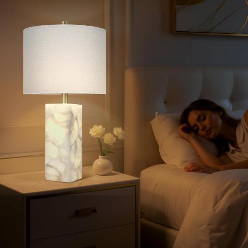 Scenekoy Alabaster Table Lamp Set of 2 with Night Light for Bedroom Living Room, 23 Rotary Switch Bedside Lamp with Linen Shade, Modern Nightstand Lamps for Room Office Dorm (Bulb Included)