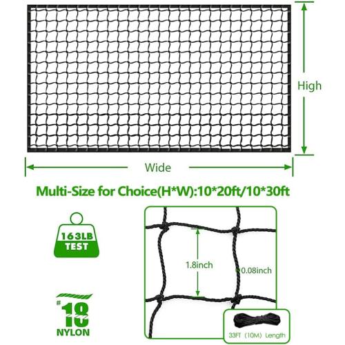 Baseball Softball Backstop Nets, Heavy Duty Sports Netting Barrier #18 Nylon Baseball Netting 10'x20'/10'x30'(Net Only)