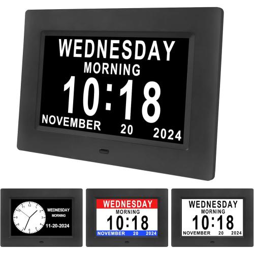 Black 7inch Johnziny Digital Clock with Day and Date for Elderly Large Display Digital for Elderly Dementia Clock Alarms, 12 Alarms and 8 Tags,4 Colors Display Calendar Alarm Clock(Black)