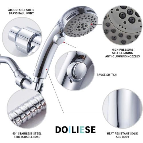 High Pressure 6 Setting Shower Head Hand-Held with ON/OFF Switch and Spa Spray Mode - Hand Held Shower Head with Handheld Spray - Shower Head with Hose - Chrome