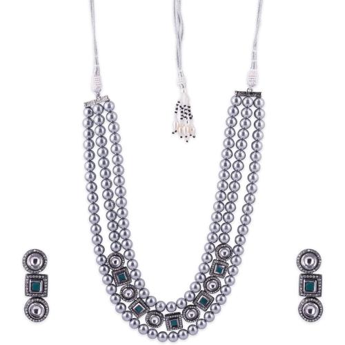 Binnis wardrobe green beaded five lines Beautiful handcrafted menakari lotus necklace set