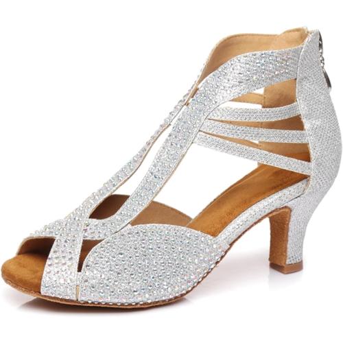 Women's Fashion Open Toe Glitter Rhinestones Ballroom Rumba Party Wedding Practice Performence Dance Shoes 8.5