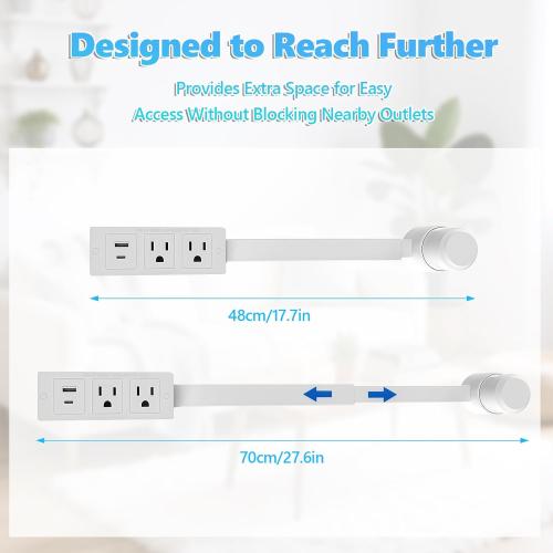 Electrical Outlet Extender - Features USB-A, USB-C and 2 AC Outlets, Free Assembly Extends 18-28, Rotates 180°, Plug Extension Outlet Use Behind Sofas, Nightstands, Desks, Office (White)