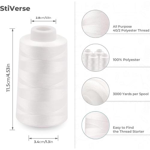 4 Pack White Sewing Thread, Serger Thread Cones of 3000 Yards Each, All Purpose Polyester Sewing Serger, Quilting, Piecing, Overlock Machine
