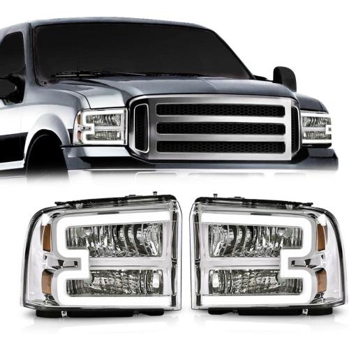 PIT66 LED Headlight Assembly Compatible with 2005-2007 Ford F250 F350 F450 F550 Super Duty/ 2005 Excursion,(Not Fit Sealed Beam Headlight model) Clear Lens Chrome Housing Amber Reflector