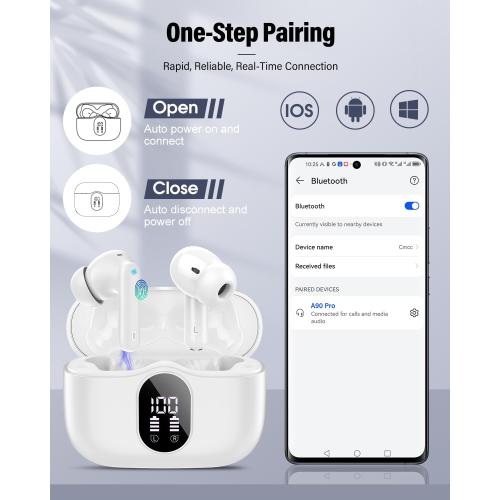 Wireless Earbuds, Bluetooth 5.4 Headphones Bass Stereo, Ear Buds with Noise Cancelling Mic, LED Display in Ear Earphones Clear Calls, IP7 Waterproof Bluetooth Earbuds for Laptop/Phones/Sports, White