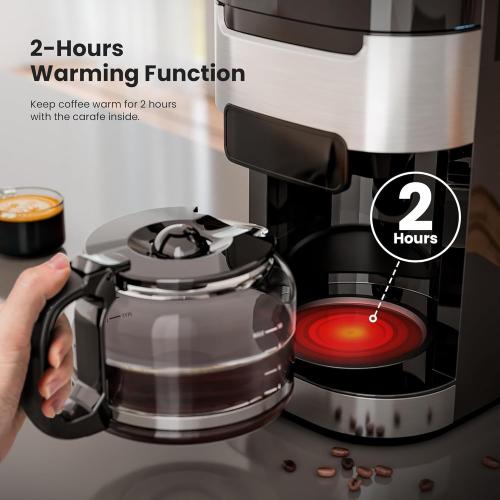 10-Cup Drip Coffee Maker with Built-in Grinder, Programmable Grind & Brew, 220g Bean Hopper, Adjustable Grind Size & Coffee Strength, Descaling Alert, 24H Timer, 2H Keep Warm, LED Touchscreen