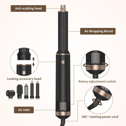 Black and Gold 5 in 1 Hair Dryer Brush Hot Air Curling Brush Negative Ion Air Styler，Multi Function Blow Dryer Brush with Curling Wand, Straightening Brush, and Volumizing Hot Air Brush for All Hair Types（Black）