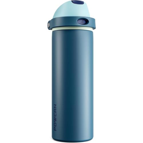 POWCAN 24 oz Insulated Stainless Steel Water Bottle: 2-in-1 Push-Button Spout & Quick-Flip Straw, Leakproof, Cold 24 Hrs, Fits Car Cupholder, Reusable Metal Bottle for Sports, School Gift (Denim Blue)